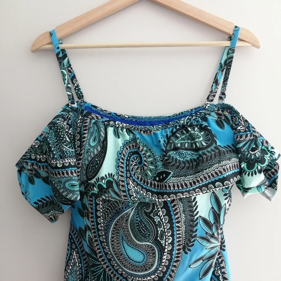 Jantzen Aqua Plus Size Reef Blue Paisley Ruffle One Piece Swim Bathing Suit 14 - Picture 6 of 16
